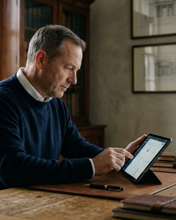 Irmão registrando informações no tablet, à mesa