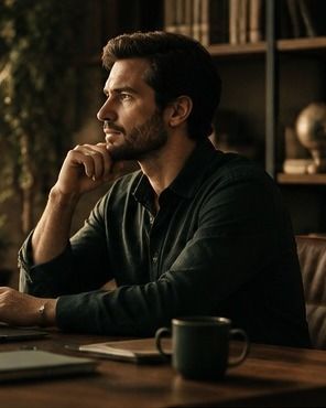Irmão à mesa de trabalho, diante do notebook